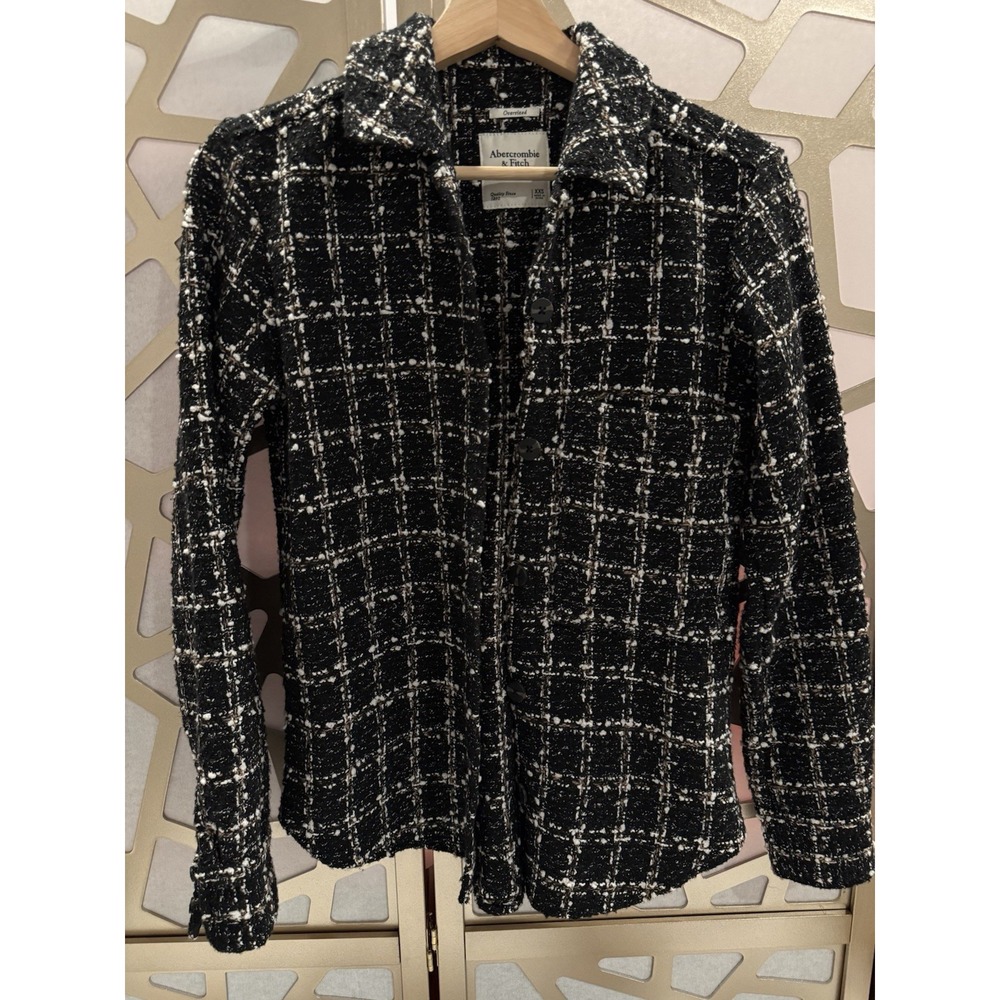 Abercrombie & Fitch Oversized Tweed Plaid Shirt Jacket Shacket Black White XXS